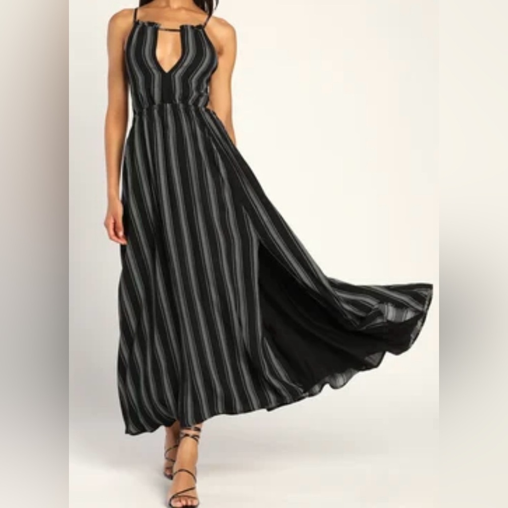 LULUS Black Striped Cutout Backless Elegant Maxi Dress Elastic waist fully lined